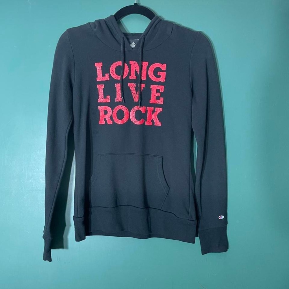 Champion black hoodie with red "Long Live Rock" graphic‎